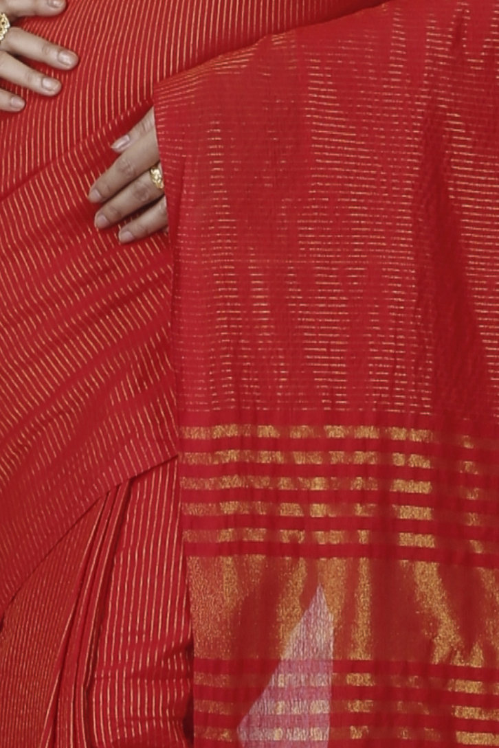 Red Blended Cotton Tama Hand Loom Saree (1206)